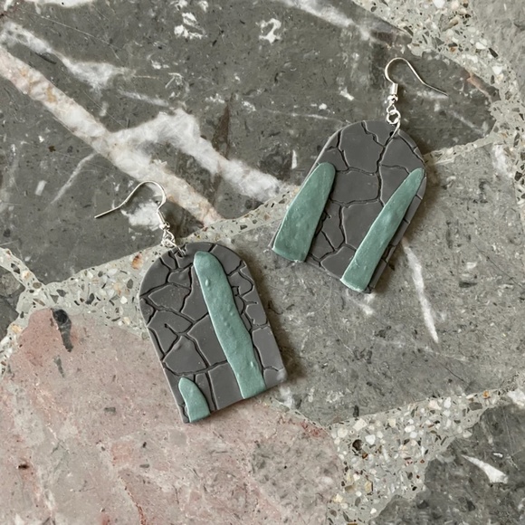 Handmade Clay Earrings | Large Arch | Cactus and Stone Wall | Hook Backs - Picture 4 of 5